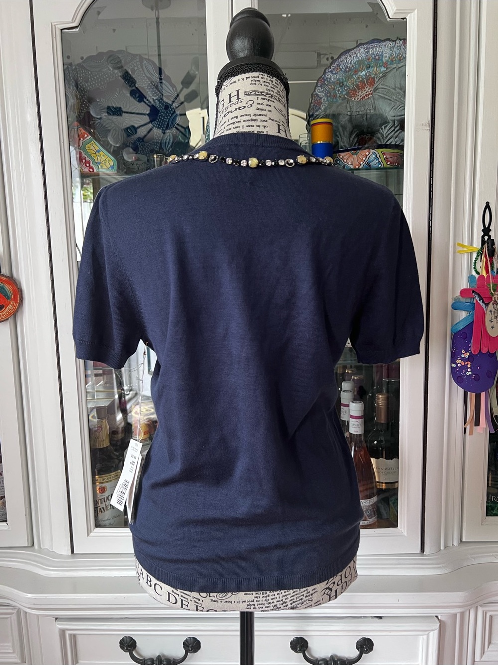 Per Se Navy Short-Sleeve Jewel-Embellished Knit Top S - Picture 5 of 14